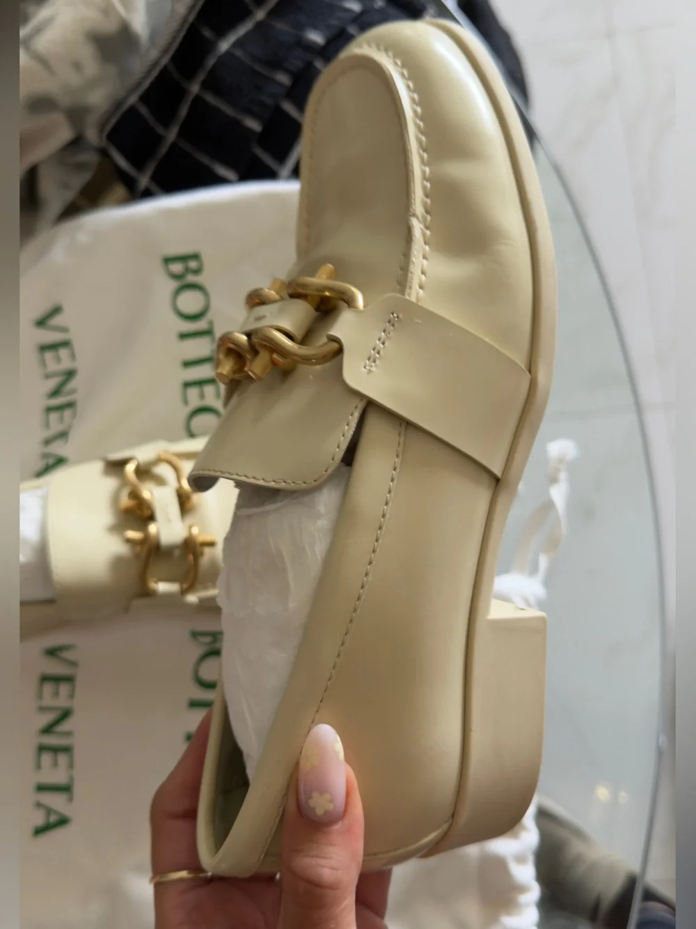 Bottega Veneta Cream Leather Loafers with Gold Hardware